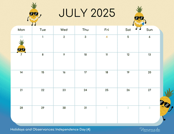 July Calendar 2025 Cute Summer Pineapples Monday Start