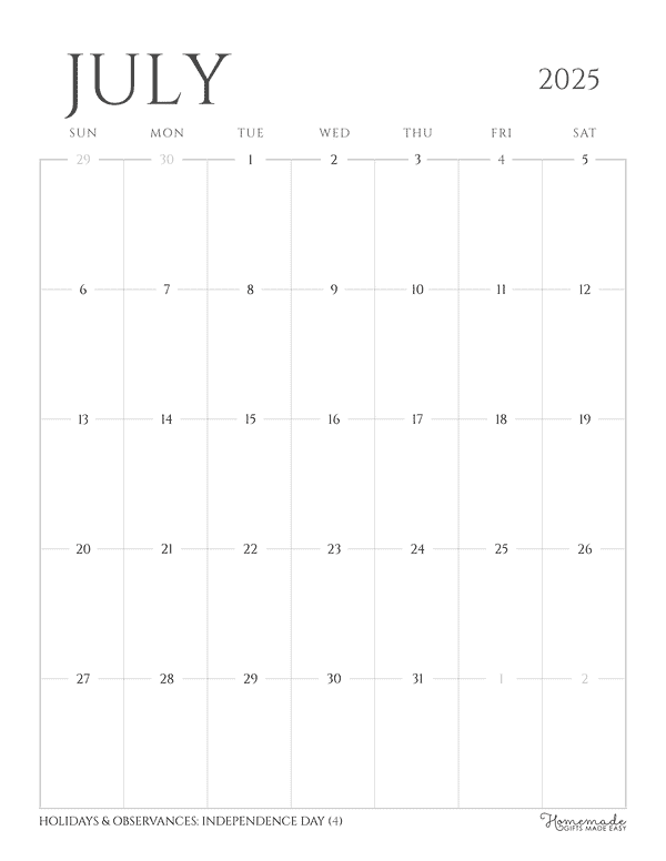 July Calendar 2025 Grayscale Minimalist Portrait