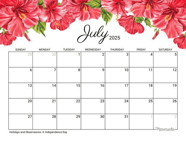 July Calendar 2025 Printable Hibiscus