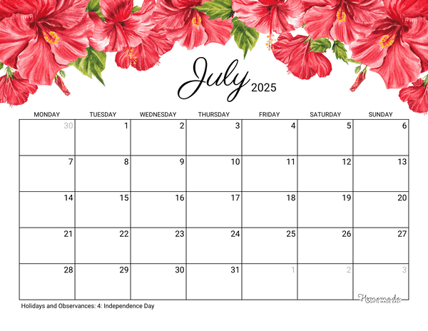 July Calendar 2025 Printable Hibiscus Monday Start
