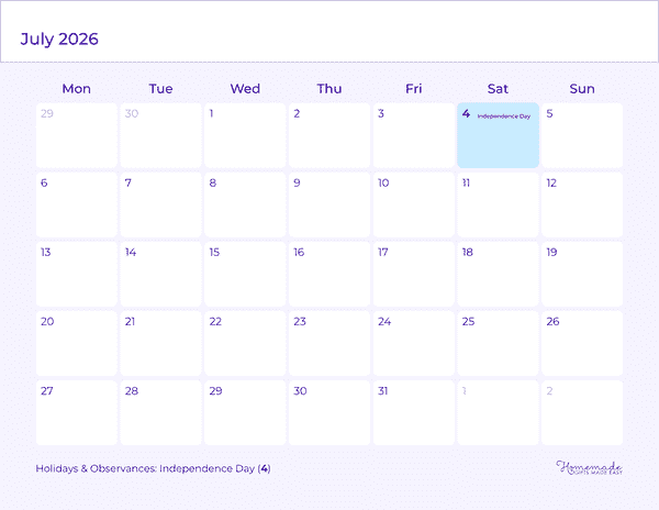 July Calendar 2026 Clean Minimal Purple Monday Start