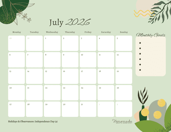 July Calendar 2026 Cute Green Abstract Monday Start