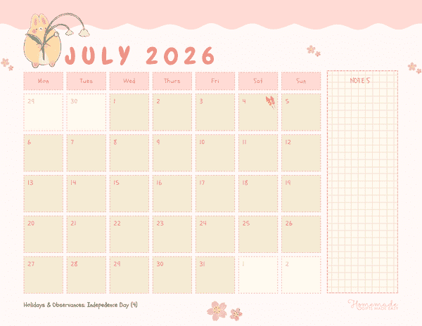 July Calendar 2026 Kawaii Creamy Pink Monday Start