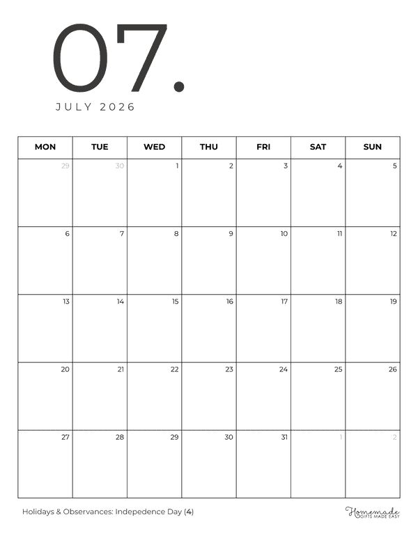 July Calendar 2026 Minimalist Portrait Monday Start