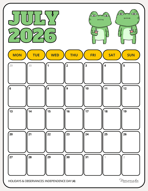 July Calendar 2026 Playful Yellow Green Frog Buddies Illustration Monday Start