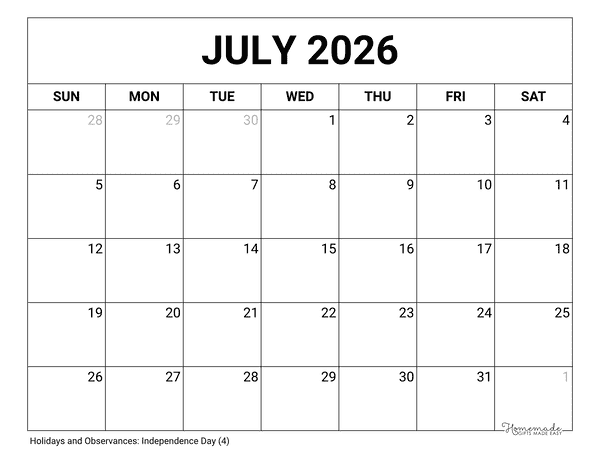 July Calendar 2026 Printable Blank