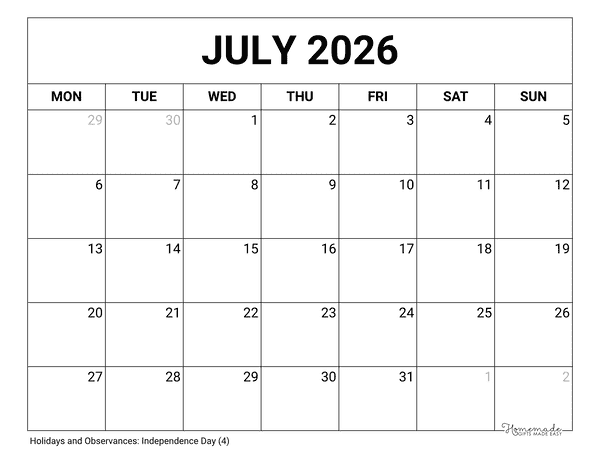 July Calendar 2026 Printable Blank Monday Start
