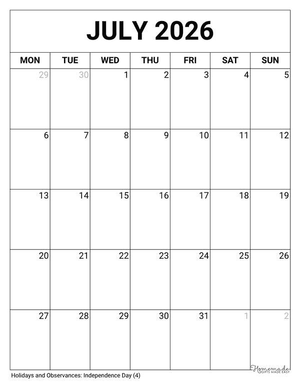 July Calendar 2026 Printable Blank Portrait Monday Start