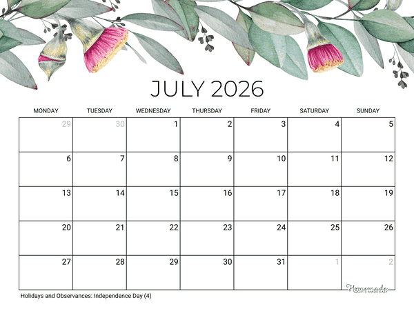 July Calendar 2026 Printable Eucalyptus Monday Start