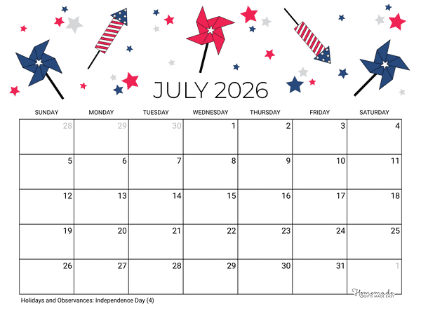 July Calendar 2026 Printable Fourth July Landscape