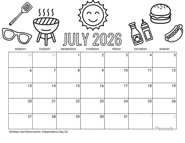 July Calendar 2026 Printable Summer Barbeque to Color Monday Start