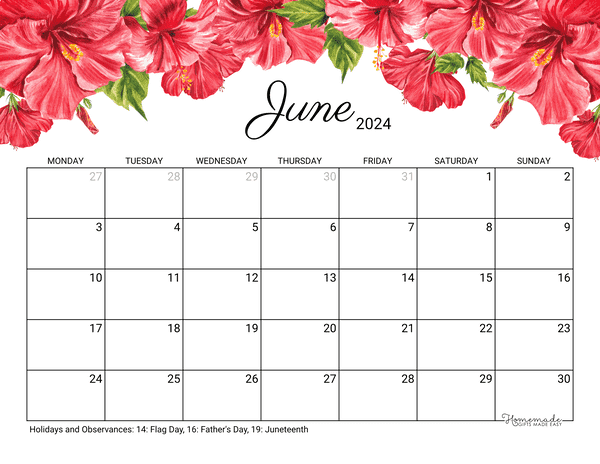 June Calendar 2024 Printable Hibiscus Monday Start