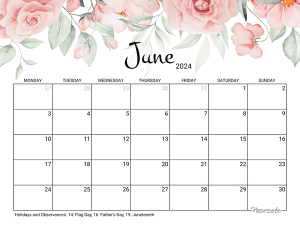 June Calendar 2024 Printable Rose Monday Start