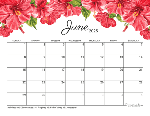 June Calendar 2025 Printable Hibiscus