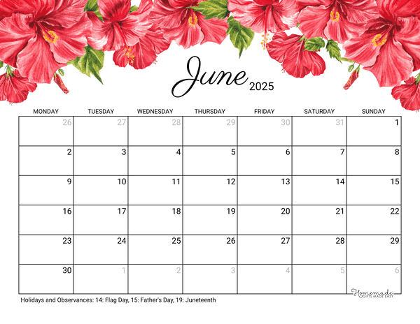 June Calendar 2025 Printable Hibiscus Monday Start