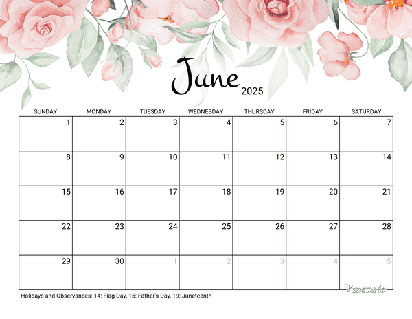 June Calendar 2025 Printable Rose