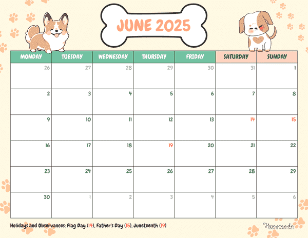 June Calendar 2025 Summer Illustrative Dogs Monday Start