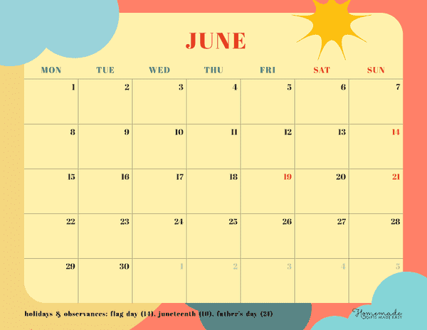 June Calendar 2026 Colorful Playful Cartoon Monday Start