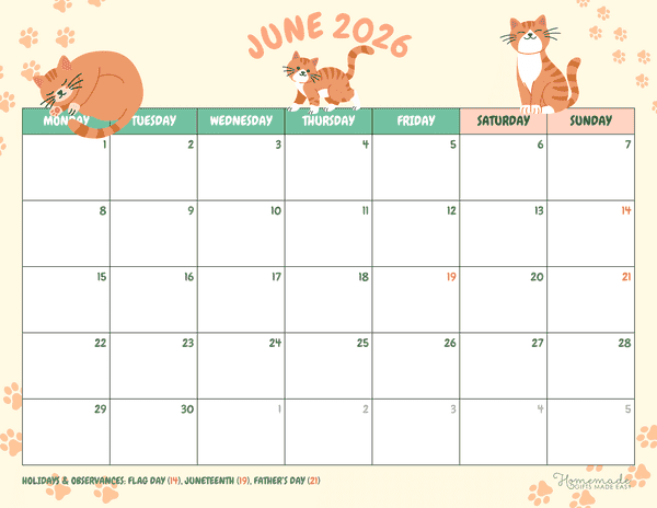 June Calendar 2026 Cute Orange Cat Illustrations Monday Start