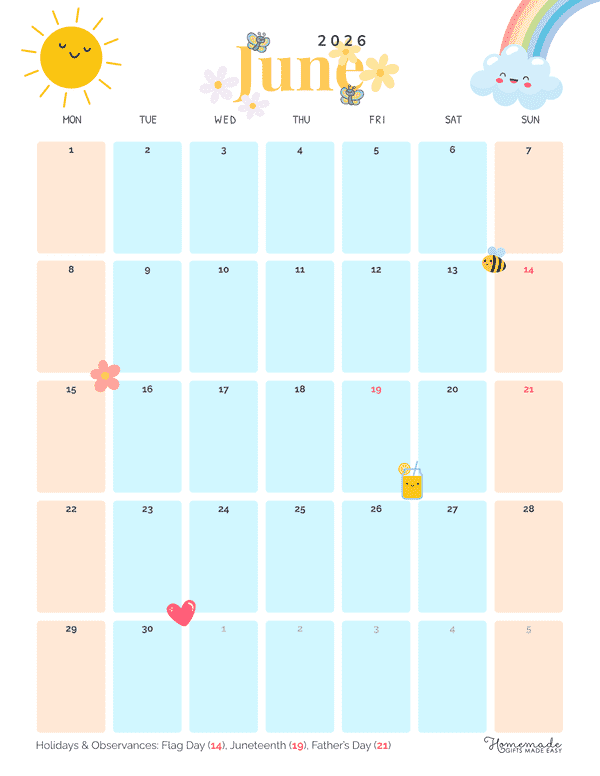 June Calendar 2026 Cute Summer Doodles Portrait Monday Start