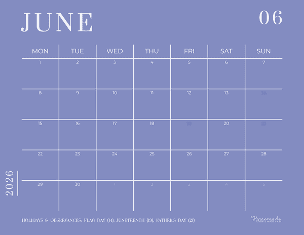 June Calendar 2026 Minimalist White and Purple Monday Start