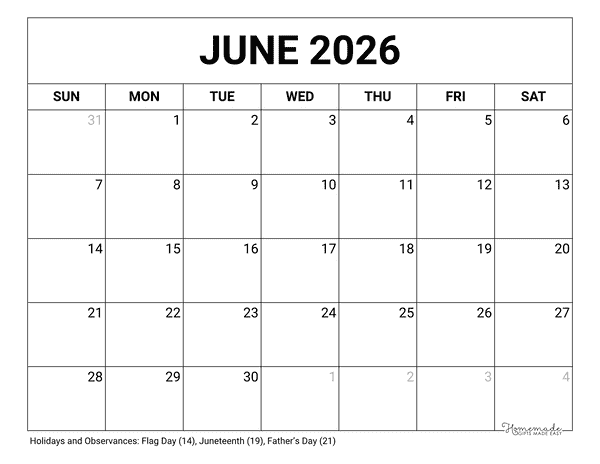 June Calendar 2026 Printable Blank