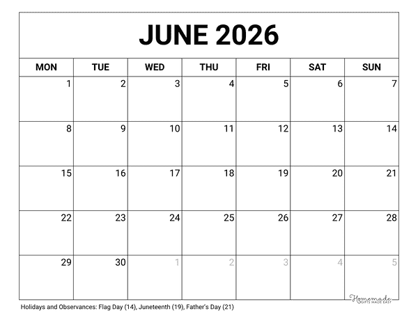 June Calendar 2026 Printable Blank Monday Start