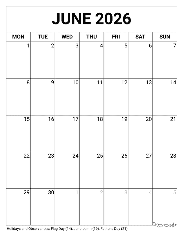 June Calendar 2026 Printable Blank Portrait Monday Start