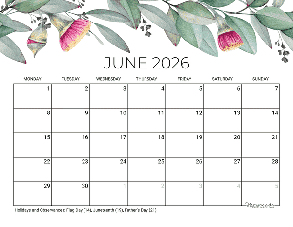 June Calendar 2026 Printable Eucalyptus Monday Start