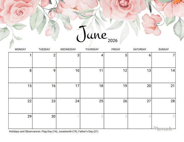 June Calendar 2026 Printable Rose Monday Start