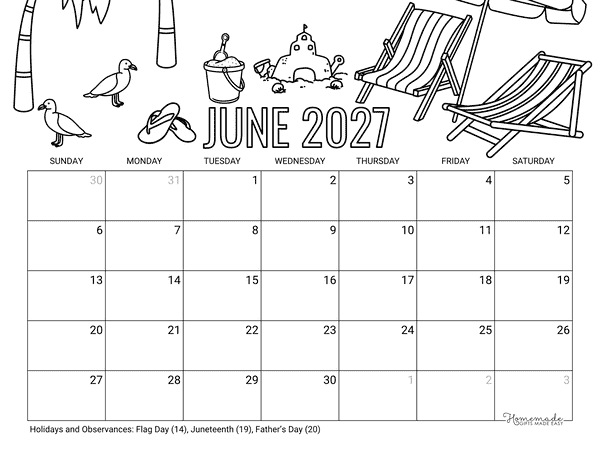June Calendar 2027 Printable Summer Beach to Color Landscape