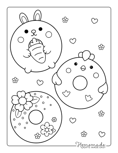 Kawaii Coloring Pages Cute Happy Easter Donuts Bunny Rabbit Chick Flowers