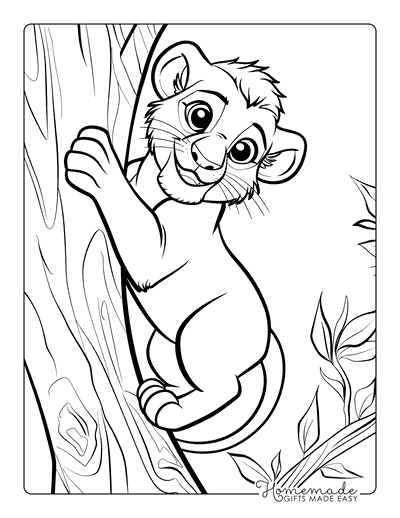 Lion Coloring Pages Cute Lion Cub Climbing Tree