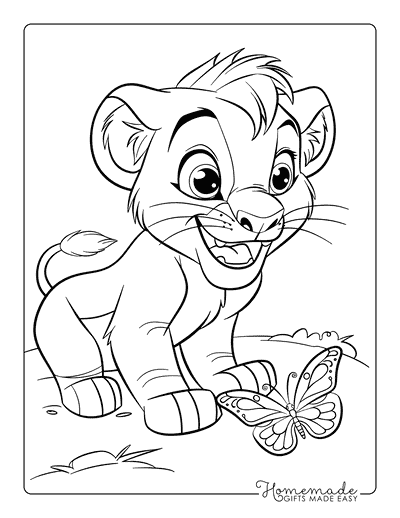 Lion Coloring Pages Cute Lion Cub Playing With Butterfly