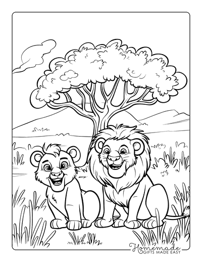 Lion Coloring Pages Cute Lion Cub With Male Lion Acacia Tree