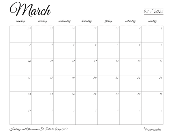 March Calendar 2025 Elegant Minimalism Mon Start