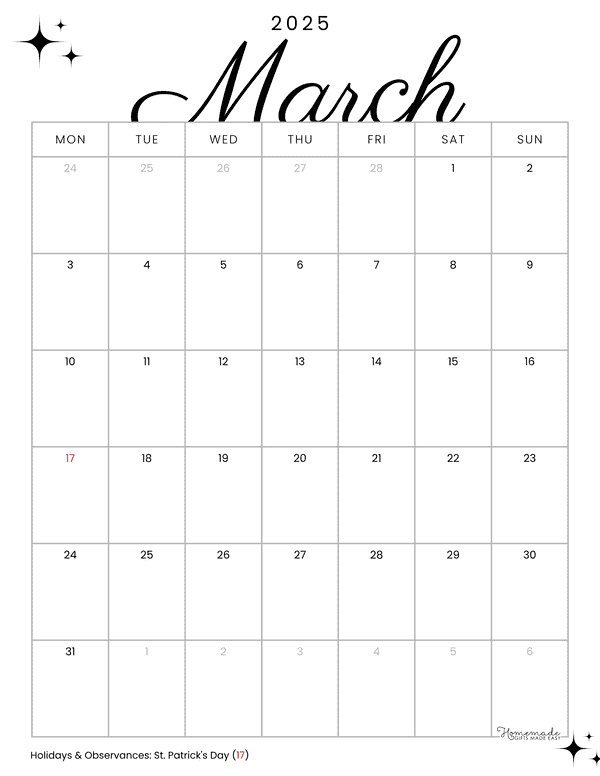 March Calendar 2025 Elegant Minimalist Portrait Mon Start