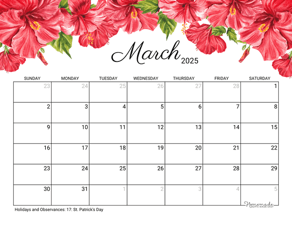 march Calendar 2025 Printable Hibiscus
