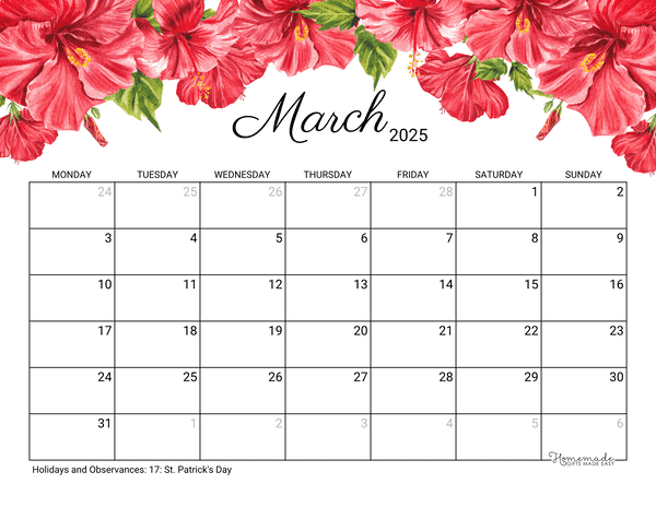 March Calendar 2025 Printable Hibiscus Monday Start