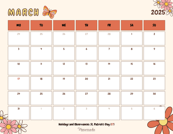 March Calendar 2025 Retro Spring Mon Start