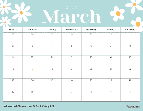 March Calendar 2025 Simple Pastel Flowers