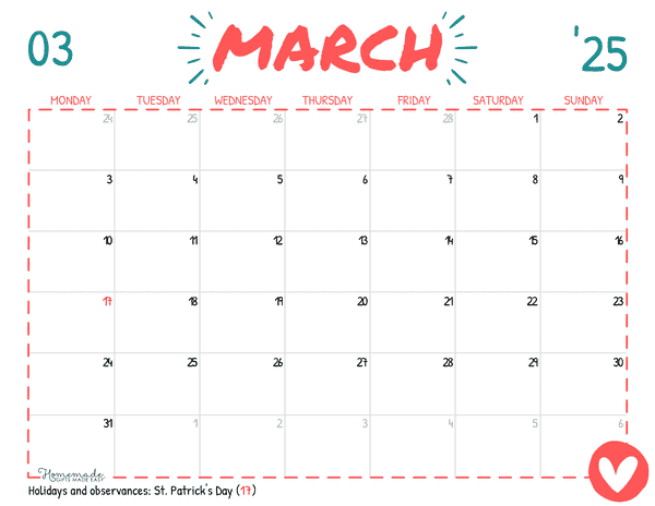 March Calendar 2025 Simple Playful Mon Start