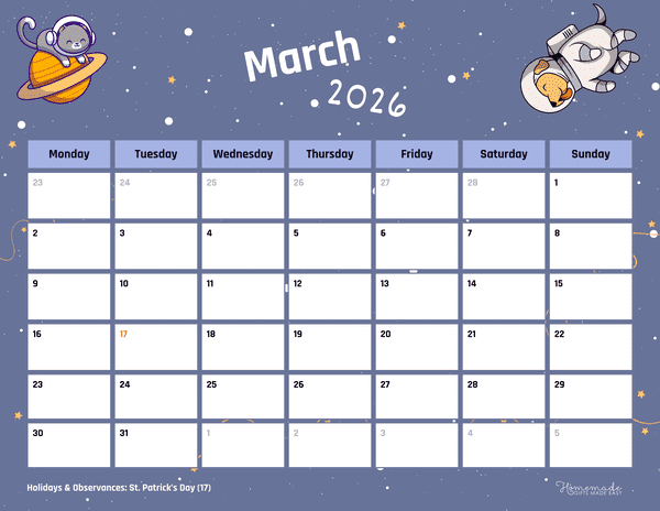 March Calendar 2026 Cute Space Pets Monday Start