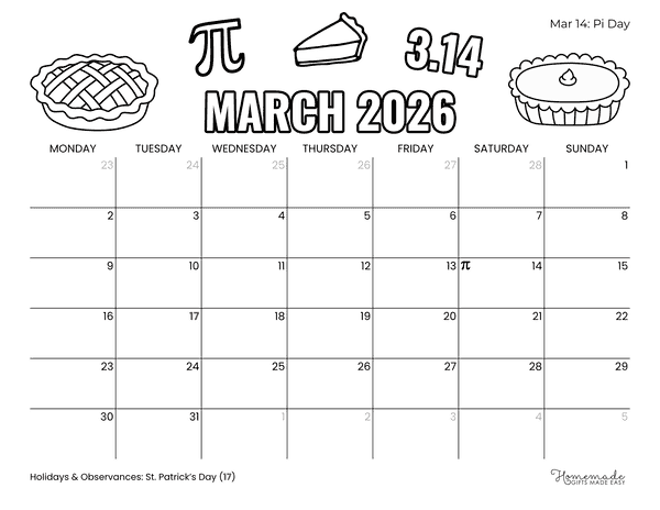 March Calendar 2026 Fun Pi Day Calendar to Color Monday Start