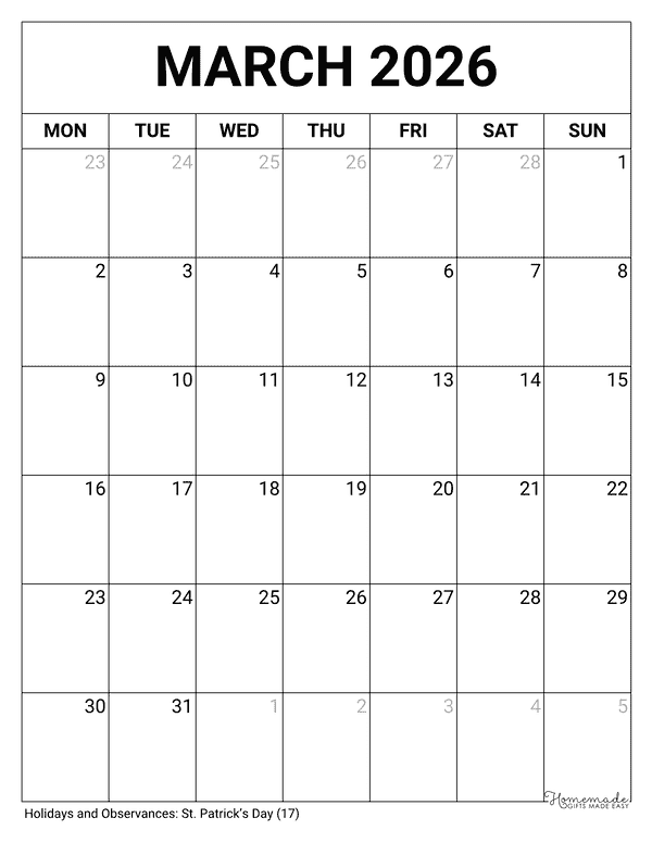 March Calendar 2026 Printable Blank Portrait Monday Start