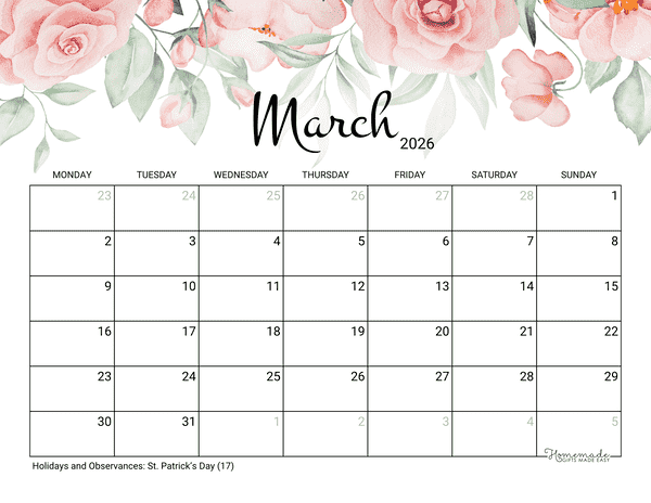 March Calendar 2026 Printable Rose Monday Start