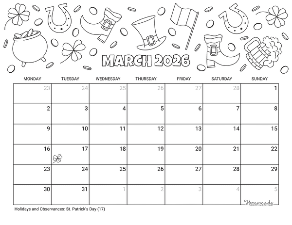 March Calendar 2026 Printable St Patricks Day to Color Landscape Monday Start