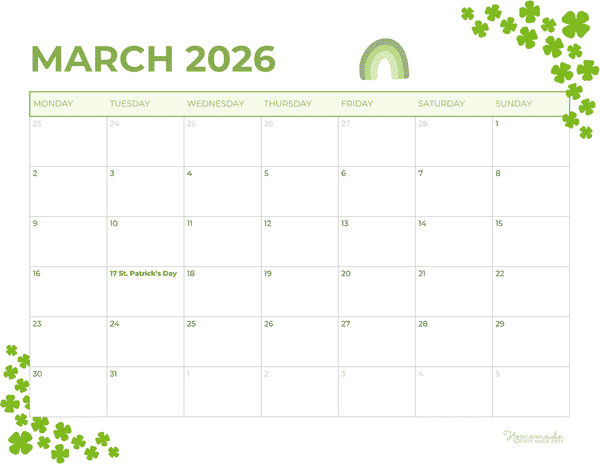 March Calendar 2026 Simple Green Watercolor Monday Start
