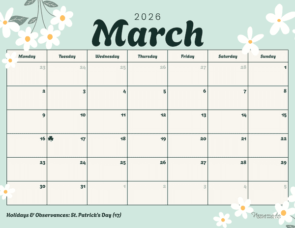 March Calendar 2026 Simple Mint Daisies Monday Start