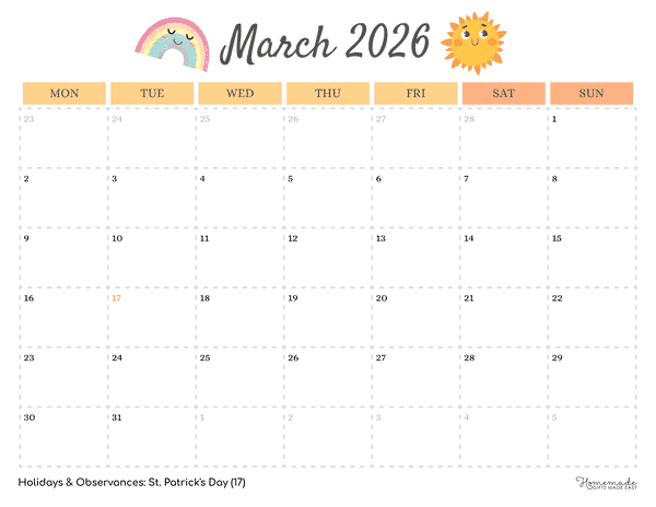 March Calendar 2026 Simple Springtime Sun Monday Start